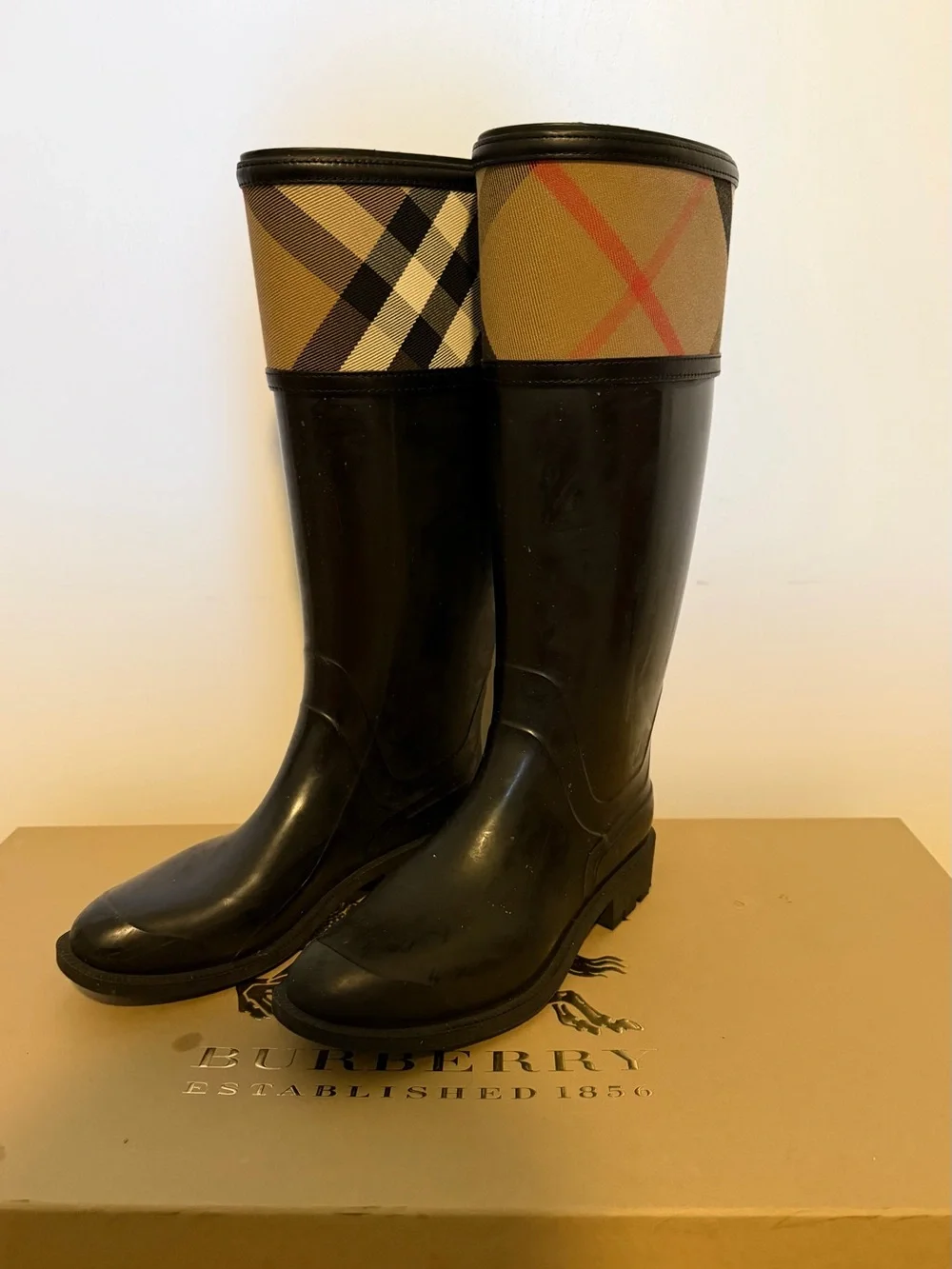 Burberry Black Rain Boots with Signature House Check Cuff